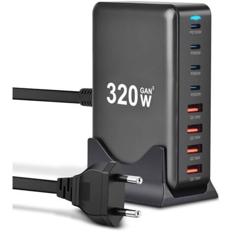 Adaptateur Secteur GaN 8 Ports USB (4 USB-C, 4 USB-A) 320W pour MacBook Pro/Air, iPhone, iPad Pro, Galaxy, Steam Deck (1/4)