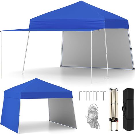 GOPLUS Tonnelle de Jardin Exterieur 430 x 280 x 254/264 CM, avec 2 Parois Latérales, Tente Pliante Montage Facile, Abri Solaire Extérieur avec Pieds Ajustables, 8 Piquets, 4 Cordes, Sac (Bleu) (1/5)