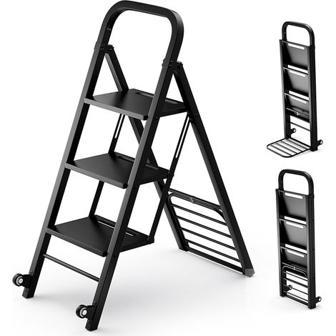 COSTWAY Scala a 3 Gradini Pieghevole con Ruote, 2 in 1 Scala e Carrello a Mano, Carrello a Mano con Ampie Pedane, Carrello Portapacchi a Scala in Metallo, Carico Massimo 250 kg (1/5)