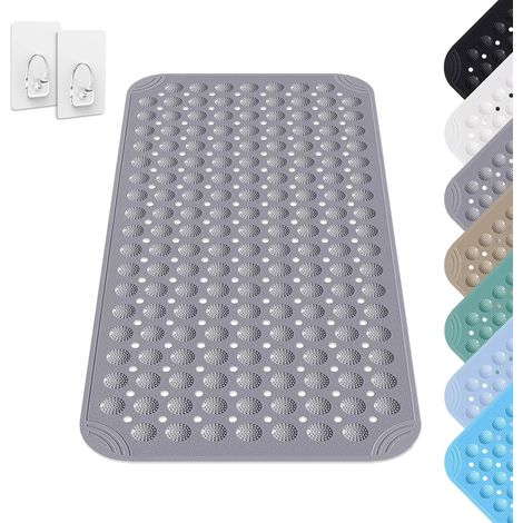 Tapis De Douche, 40 x 80 cm Tapis de Douche, PVC Shower Mat Non Slip, Tapis de Douche Carré Lavable en Machine avec Ventouse, pour Baignoire, avec 2 Crochets, Gris (1/5)