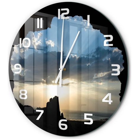 Horloge Murale Ronde Décoration Cuisine en Verre Trempé Silencieuse Moderne Coucher du soleil fi 60 cm (1/5)
