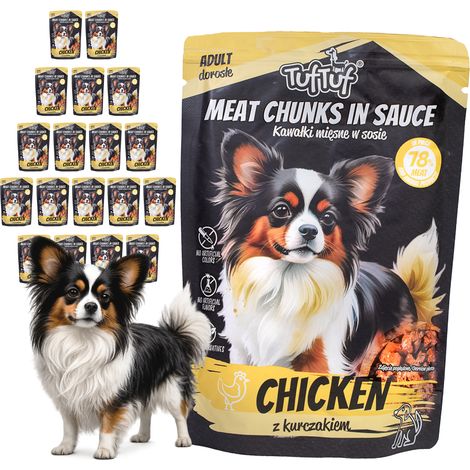 Cibo umido per cani TufTuf, confezione da 20 bustine da 100 g di bocconcini di pollo essiccato. (1/2)