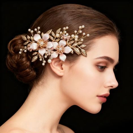 Horquillas para el cabello estilo arbusto para mujer, flores doradas vintage, pinzas laterales, adecuadas para vestidos de novia y recogidos, accesorios para el cabello. (1/2)