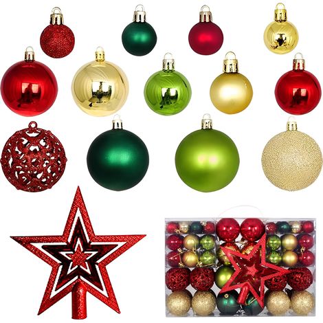 Ensemble de 101 décorations pour sapin de Noël, comprenant des boules de Noël incassables en plastique rouge, doré et vert (1/5)