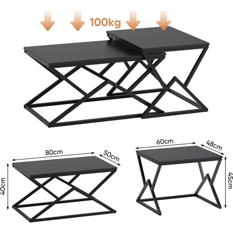 Table basse géométrique noire plateau bois base métallique. Style industriel comme table cocktail et d'appoint pour le salon