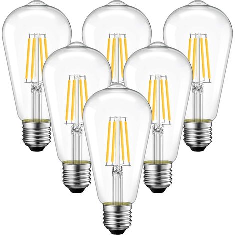 4W Ampoule Filament LED E27 ST64, 470Lm Equivalent à Ampoule Incandescente 40W, Lampe Rétro Edison de Verre Transparent, 2700K Blanc Chaud (Blanc partiel), Non-dimmable, Lot de 6 (1/5)
