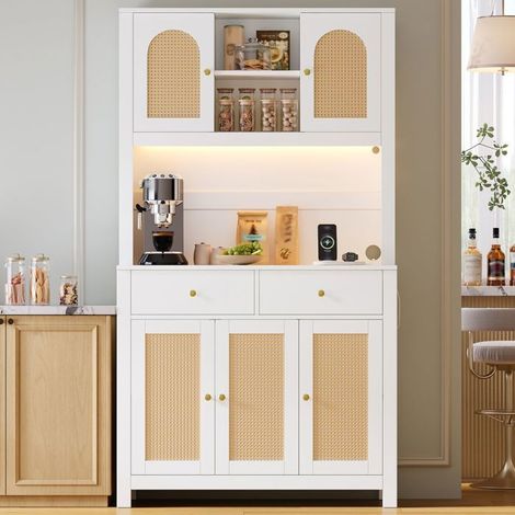 Buffet de Cuisine 100 x 40 x 180 cm rangement alimentaire structure haute 5 portes en rotin 2 tiroirs éclairage LED prises intégrées (1/5)