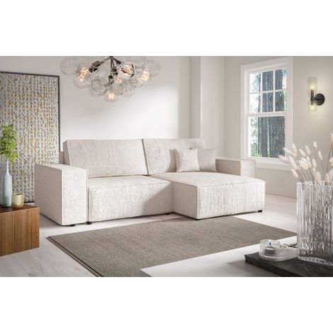 Tendencio – Canapé d'angle convertible en velours côtelé – 260 cm – Coffre de rangement – Réversible – Design rétro seventies – Beige