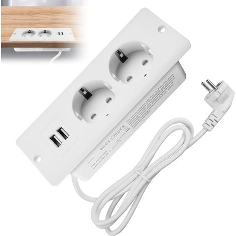 Prise encastrable avec 2 Ports USB, Bloc multiprise encastrable 2 Prises avec câble 1,6 m, Prise intégrée pour Bureau, Meuble ou Plan de Travail (1/5)