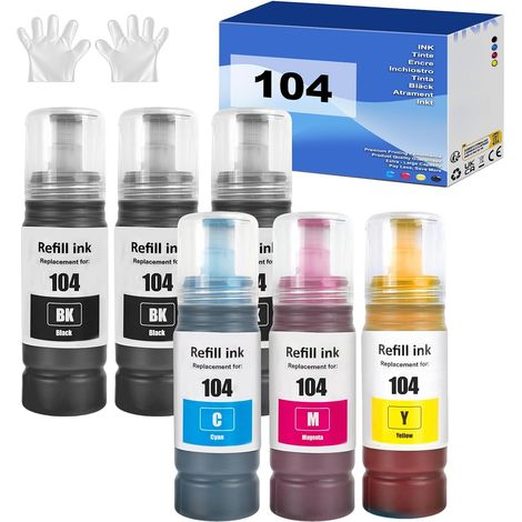 104 Encre Compatible avec Epson 104 Bouteille d'encre Multipack pour ecotank ET-1810 ET-2726 ET-2810 ET-2811 ET-2812 ET-2814 ET-2815 ET-2820 ET-2821 ET-2825 ET-2826 ET-4700 ET-4800 (6-Pack 3BK C M Y) (1/5)