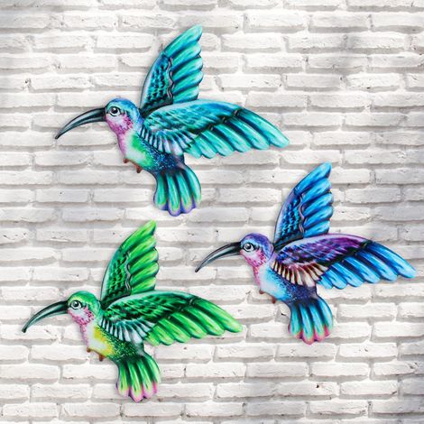 sculptures murales en représentant un colibri coloré décoration murale d'extérieur d'intérieur Lot de 3 Métal
