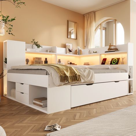 REDOM Lit double 140x200 cm avec éclairage LED cadre de lit en bois, chargement USB, étagères et tiroirs, blanc (Sans matelas) (1/5)