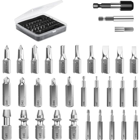 Kit d'Extracteur de Vis Cassé, 33 PCS Outils d'Extraction Améliorés en Acier Allié HSS 4341 avec Mèches 2 Porte-embouts d'Extension Magnétique Adaptateur de Prise pour Boulon Endommagé, Noir (1/5)
