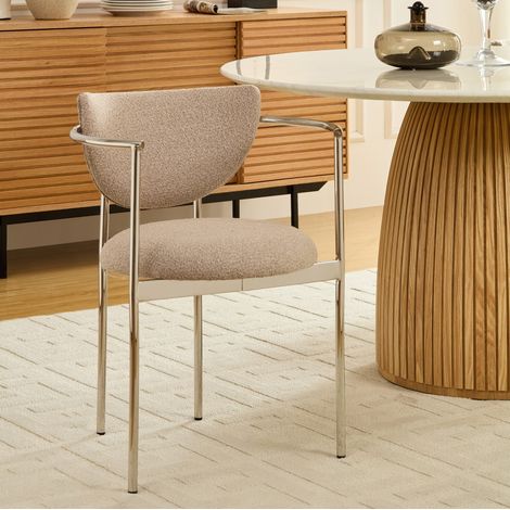 REDOM - Sedia da pranzo ergonomica, con braccioli, schienale ad anelli a forma di luna, tessuto metallico color kaki chiaro. (1/5)