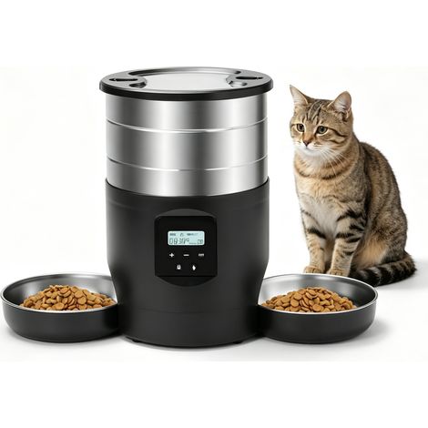 Distributeur de Nourriture, Distributeur de nourriture pour animaux 4.5L, 10 Repas par Jour, Facile nettoyer, Acier inoxydable, Noir (1/5)