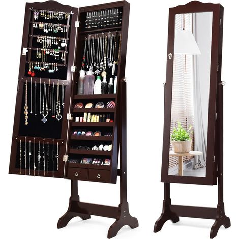Mobile portagioielli 41,5 x 37 x 160 cm con 14 luci LED e specchio regolabile MDF marrone trendy 200010377