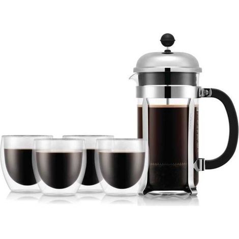 French press coffee maker - BODUM - CHAMBORD SET - 8 cups 1.0 l + 4 double-walled PAVINA glasses 25 cl