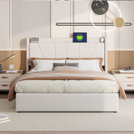 Superaly Lit double coffre 160x200cm, Stockage de pression d'air, Tête de Lit rembourrée au design géométrique, Double ports USB et Type-C, Lit adulte de style nordique, Sommier à lattes, Lin，Beige (1/5)