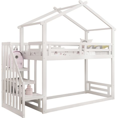 Lit superposé pour enfants 90200cm, lit superposé bas avec escalier de sécurité, cadre de lit en bois massif avec sommier à lattes, blanc (1/5)