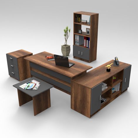 Cotecosy – Ensemble meubles de bureau en aggloméré mélaminé effet noyer – Bureau droit L140 x P60 x H73,8 cm – Table basse, buffet, bibliothèque, commode (1/8)