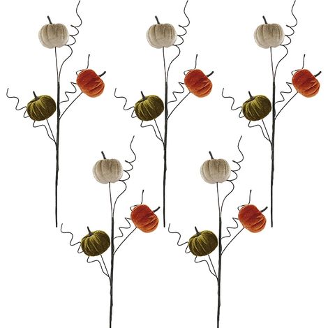 Lot de 5 citrouilles en velours fait main sur tige, décorations automne Halloween Thanksgiving, petites tailles assorties (1/5)