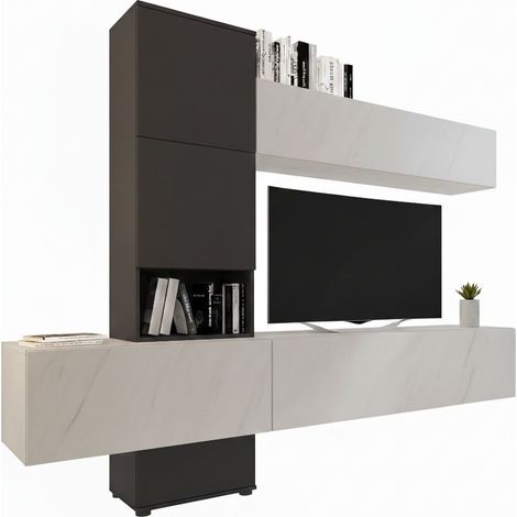 Wohnwand Insel, Modulares Wohnzimmer-Möbel, 6 Türen, Set Kombinierbar, Schwarz-Anthrazit