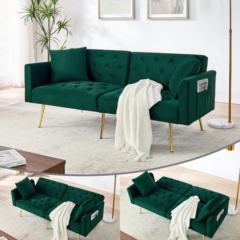 Canapé deux places moderne en velours, dossier réglable en 3 positions, 2 coussins inclus, pieds en métal robustes, doux et confortable pour salon, appartement en location, petit appartement, vert (1/5)