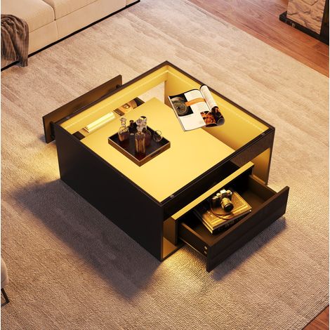 Tavolino quadrato 70 x 70 x 35 cm con 2 cassetti, vetro temperato, LED, nero DESVIAE (1/5)