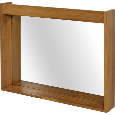 Miroir mural en teck HWC-M75, miroir de salle de bain, cadre en bois, teck de qualité B-Grade (bois de cœur, 20-30 ans), (1/5)