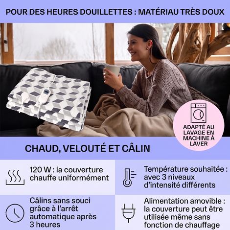Klarstein – Couverture électrique XXL 200x180 cm – Puissance 120W – 3 niveaux de chaleur – Lavable en machine – Micro-peluche douce