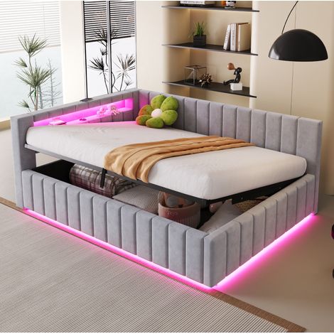 Letto imbottito matrimoniale 208.5x147x78 cm, con contenitore idraulico, LED, USB, velluto grigio (1/5)