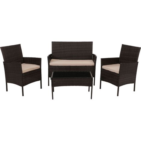 Poly-Rattan Garten-Garnitur HHG-069, Sitzgruppe Lounge-Set, Metall Glas Stoff/Textil (180g/m²) braun, Kissen creme