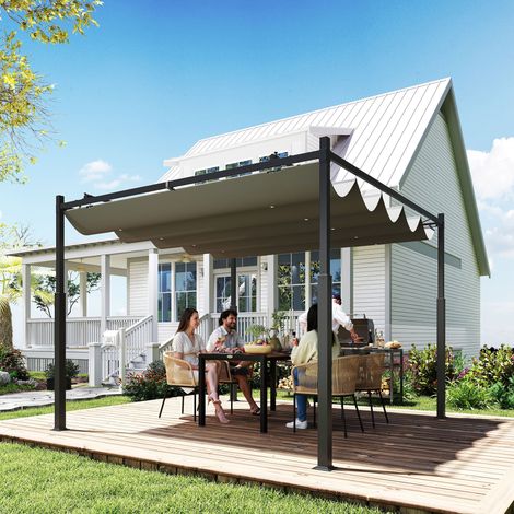 Pergola da giardino 3x3 m con tetto retrattile e accessorio magnetico, protezione UV30+, colonne e ganci in metallo, colore grigio.