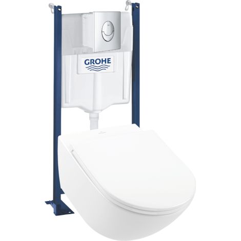 Pack WC suspendu VILLEROY & BOCH Universo TwistFlush CeramicPlus + Abattant frein de chute + Bâti support mur GROHE + Plaque de commande chromé (1/4)