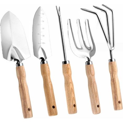 Set di 5 attrezzi da giardino: vanga a punta, vanga, forca triangolare, rastrello e levaradici per giardino e orto. Set di attrezzi manuali portatili. (1/5)