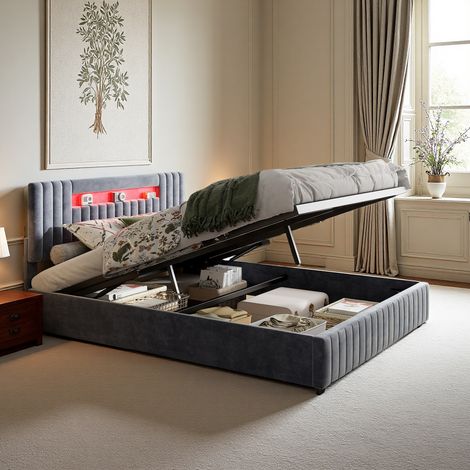 Letto imbottito moderno, letto a pressione con vano contenitore, testiera LED con ripiano, letto matrimoniale 140/160 x 200 cm, tessuto in velluto grigio, senza materasso (1/5)