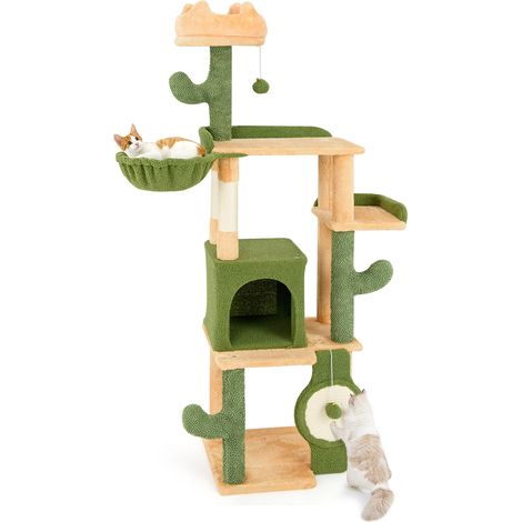 Arbre à chat cactus vert de 160 cm avec perchoir douillet, panier rotatif et griffoirs en sisal pour intérieur, salon et chambre (1/5)