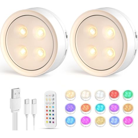 Lampe LED Rechargeable Cuisine Sans Fil Lumiere Sous Meuble Placard Eclairage Spot Led avec Telecommande USB Pile Armoire Light 12 Color Dimmable éclairage Spécial Lumière (2pcs Blanc) (1/5)