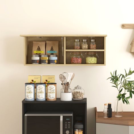 Meuble suspendu de salle de bains, 80x25x30 cm, bois naturel, avec porte à bascule et étagères intégrées. (1/5)