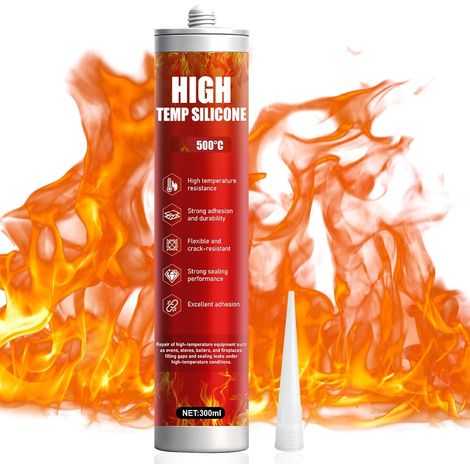 High Temperature Glue, 300 ml, Black Silicone, Refractory Sealant, Fireproof Refractory Glue for Fixing and Repairing Fireplaces, Stoves, Heat Shields, Ovens (1/5)