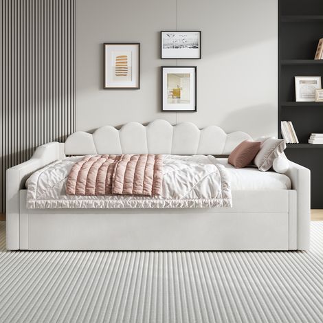 Tagesbett beige 140x200 cm avec matelas rembourré, lit gigogne extensible et bande LED intégrée (1/4)
