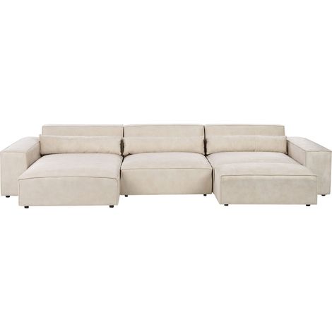 Right Hand 4 Seater Modular Sofa with Ottoman Beige Velvet Sectional Couch Sofa with Black Legs Modern Living Room HELLNAR (1/5)