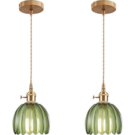 Suspension Vintage en Verre avec Douille E27 et Interrupteur Rotatif, Luminaire Plafonnier avec Abat-Jour en Forme de Pétale pour Cuisine, Salle à Manger ou Chambre (vert, 2 pièces) (1/5)