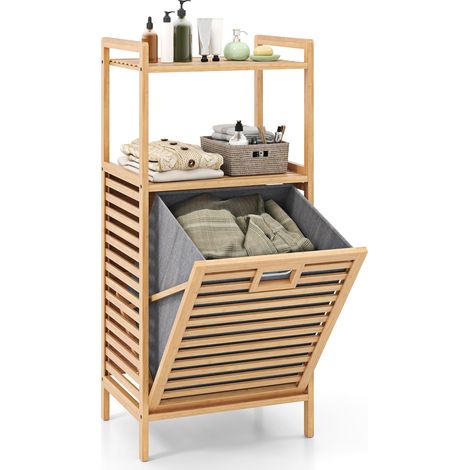 COSTWAY Tilt out Laundry Hamper Bamboo Laundry Cabinet w/Storage Shelves-Natural