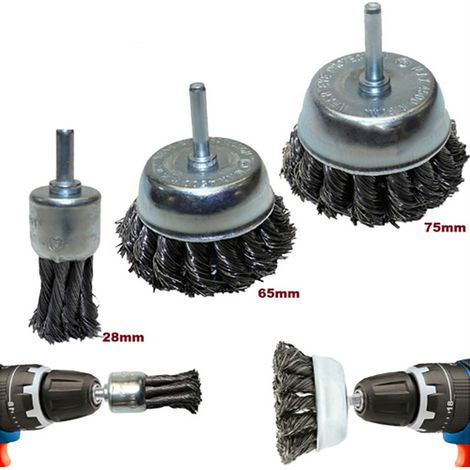 Lot de 3 brosses métalliques torsadées en acier au carbone pour perçage, décapage, dérouillage, nettoyage et polissage (1/5)