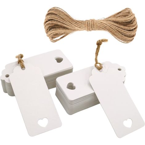 CCYKXA (White) Pack of 100 white kraft paper tags, 9.5 x 4.5 cm, with jute string, for weddings, Valentine's Day, birthdays, and Christmas gifts (1/5)