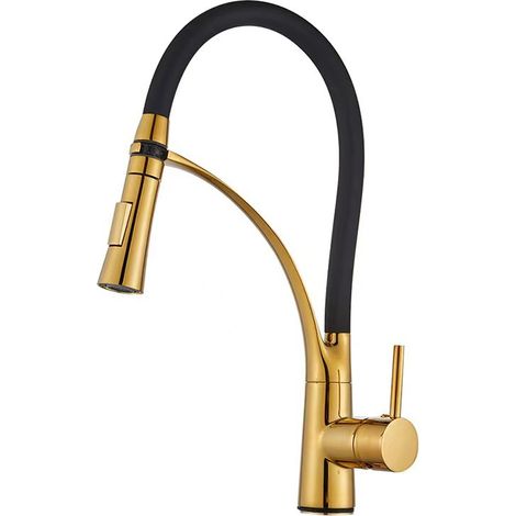 Kitchen electroplated sink single-pipe faucet, hot and cold water dual-use pull-out household vegetable wash basin rotating all-copper faucet - zinc-plated copper body gold model