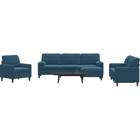 4-tlg. Sofagarnitur mit Kissen und Nackenrollen Blau Samt (1/5)