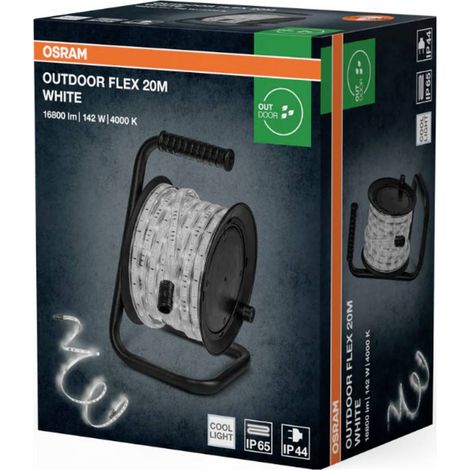 Rubans LED OSRAM Outdoor Flex 20 m IP65, blanc froid, extensibles jusqu'à 50 m, avec enrouleur de câble, accessoires de montage, câble de raccordement (1/4)