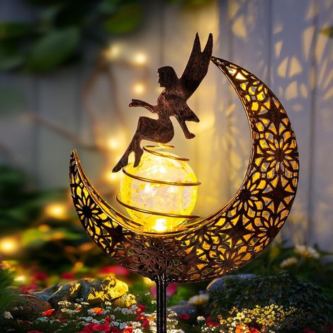 Lot de 1 lampe solaire pour jardin en forme de lune féerique - Boule de verre craquelé - Ornements en métal - Étanche - Décorations d'extérieur pour cour, chemin et terrasse (1/5)